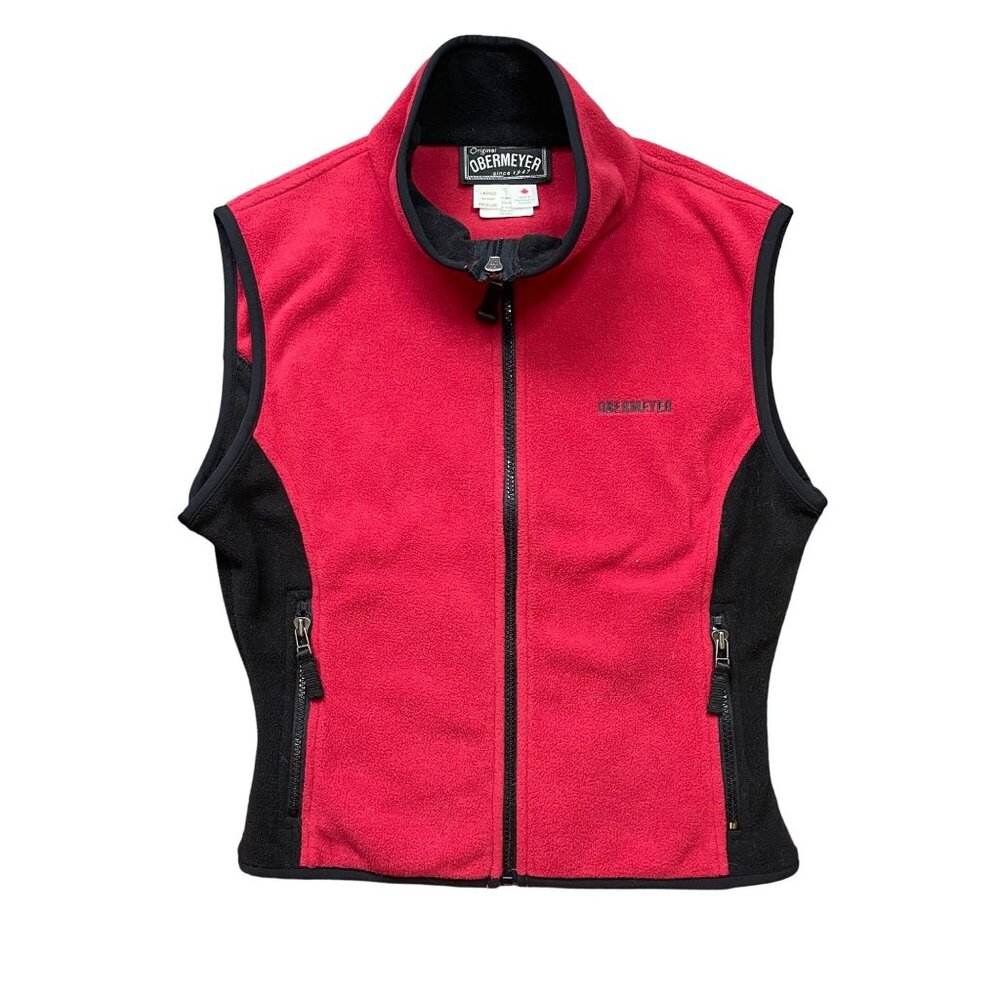 Vintage Obermeyer Fleece Vest Women's Medium Embroidered Logo Red Black Full Zip